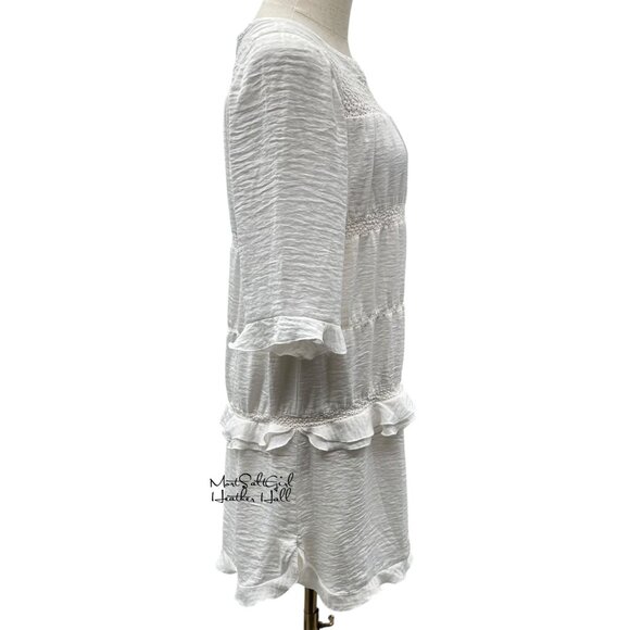 Who What Wear White Ruffle Hem Lace Detail 3/4 Sleeve Dress Size Small - Picture 5 of 6